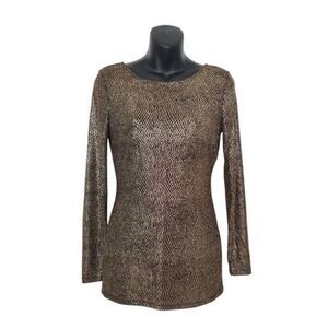 Gold Metallic Texture Black Long Sleeve Top Catherine Malandrino Sz S Shimmer